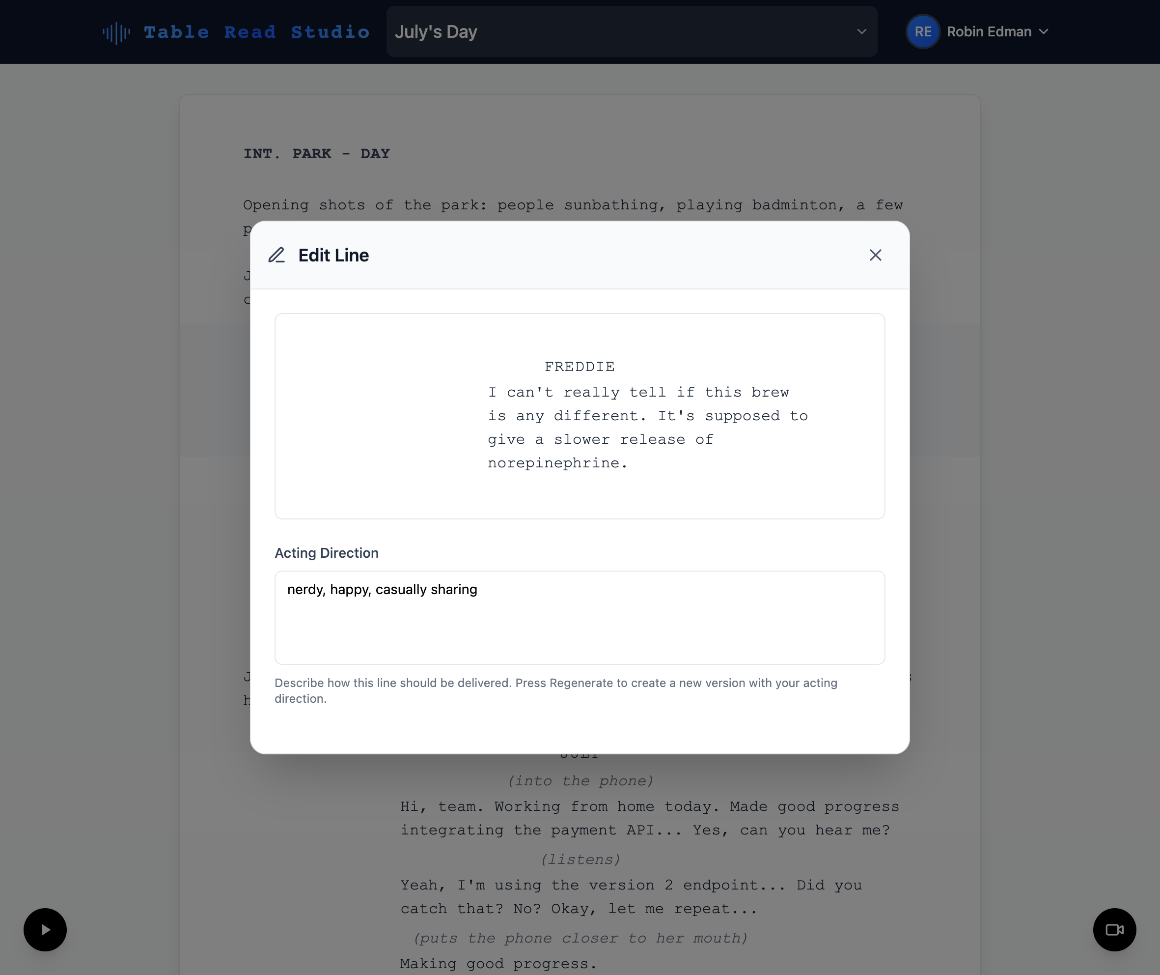 Acting directions interface for adding performance notes