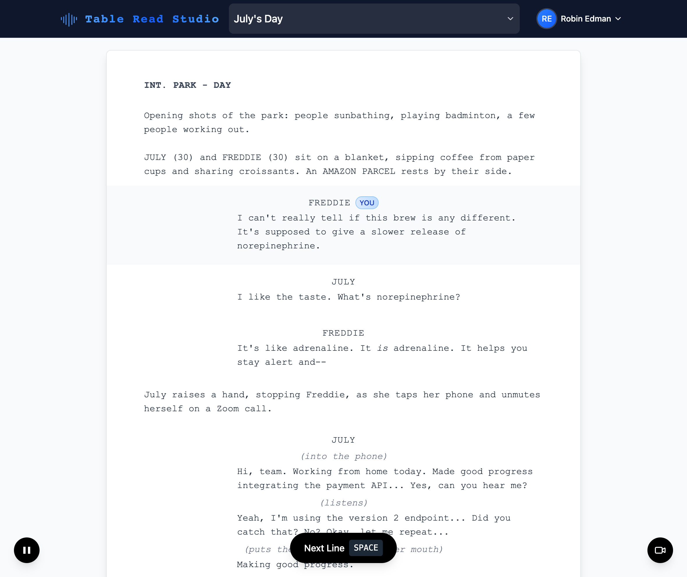 Table Read Studio interface showing script reading with AI voices