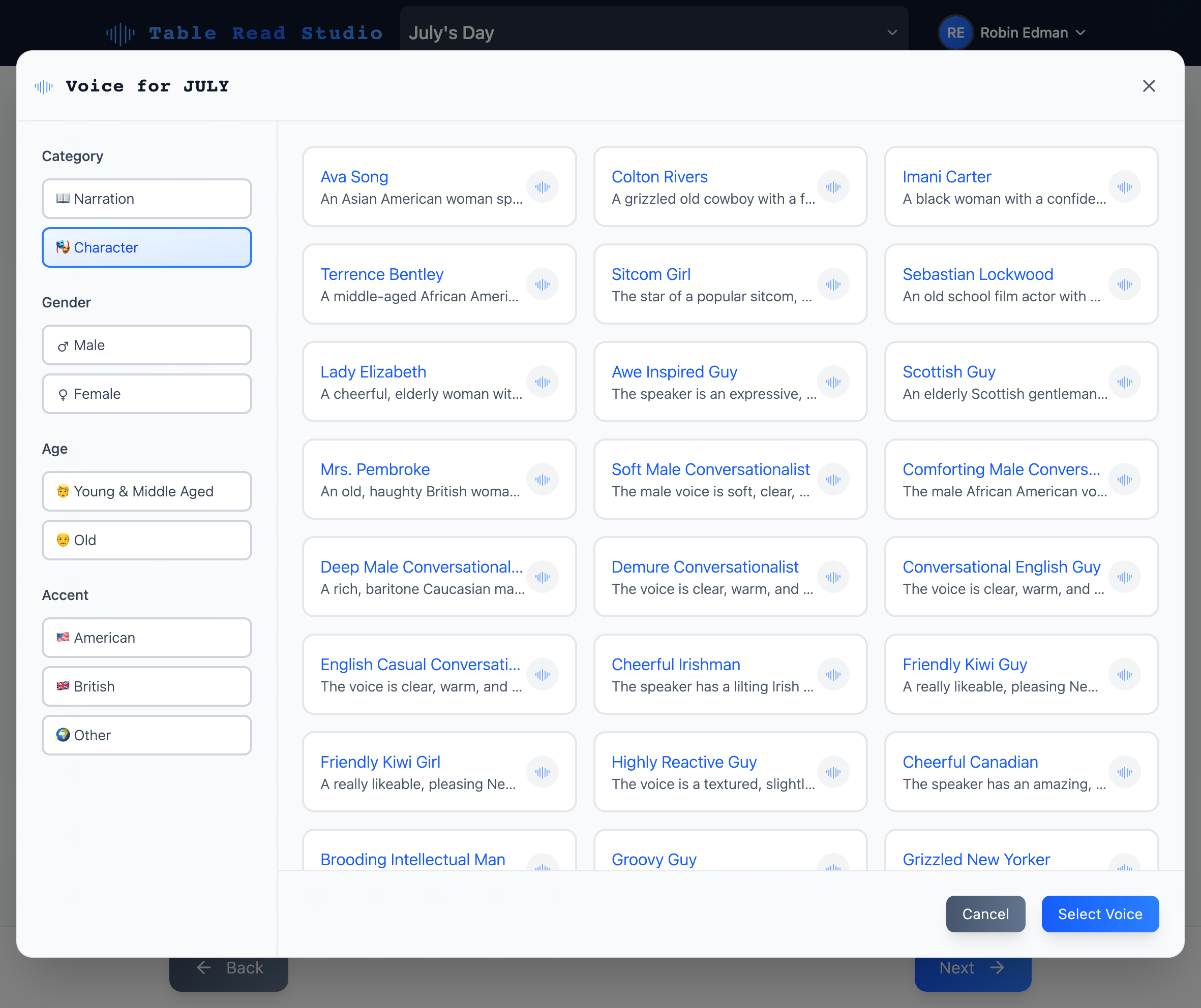 Voice selection interface for choosing AI voices